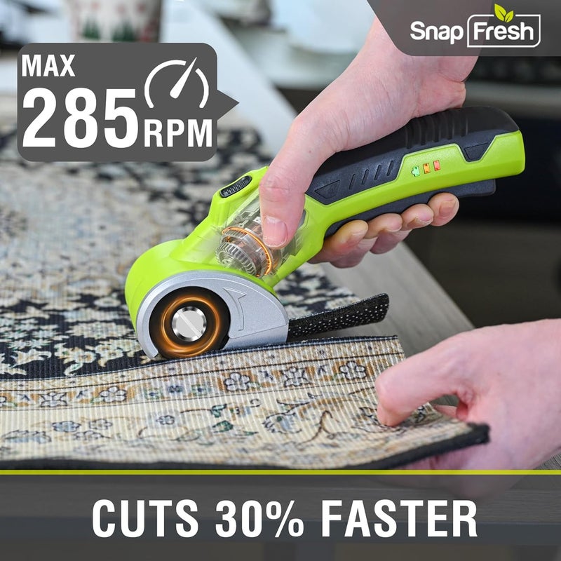 SnapFresh مقص كهربائي لاسلكي 4 فولت، قاطع كرتون قابل لإعادة الشحن وأداة قطع صناديق دوارة، 285 دورة في الدقيقة لقطع القماش والسجاد والجلد مع LED، شفرة إضافية، بطارية 2.0Ah وحقيبة تخزين (SP5091) - Image 3